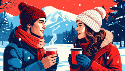 Winter couple enjoying coffee in snowy mountain view. Romantic winter coffee date in mountains. Warm love moments in cold snowy landscape. Couple smiling with hot drinks in winter chill