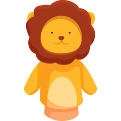 Cartoon illustration of a friendly lion puppet with a vibrant orange mane and yellow body isolated...
