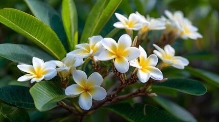 Fototapeta premium Delicate white and yellow flowers bloom on a lush green plant.