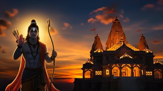 Lord Rama with Bow and Arrows Blessing Devotees in Front of Ayodhya Temple at Sunset, a Spiritual and Cultural Depiction