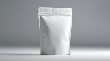Blank white resealable pouch stands upright on a clean surface.