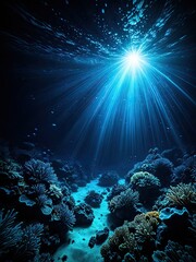 Fototapeta premium Deep sea vista; sunlight streams into coral reef; a beautiful underwater world