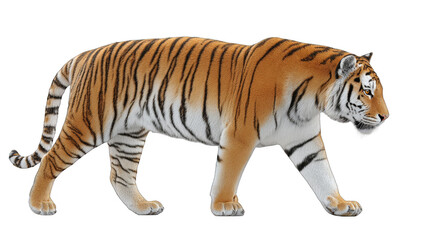 Obraz premium A majestic tiger with unique stripes is depicted walking, showcasing its natural beauty and wild essence.