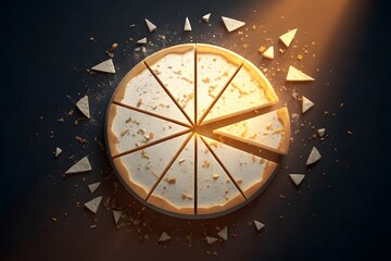 Illuminated pie chart segment fracturing into sharp pieces symbolizing data breakdown