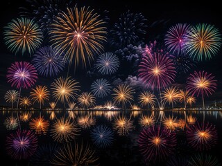 Fototapeta premium Vivid fireworks explode over a lake at night, reflecting in the water