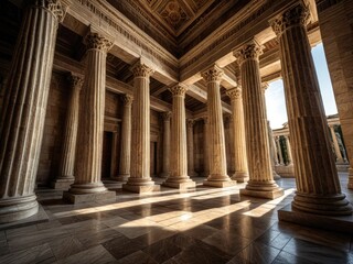 Obraz premium Interior view of a classical temple, featuring columns and sunlight