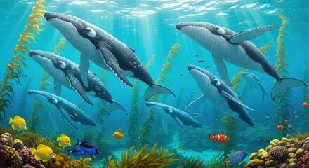 A pod of orcas swimming gracefully through a vibrant coral reef with sunbeams illuminating the ocean isolated on white background