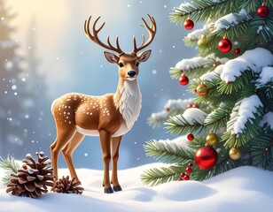 Majestic Deer Beside Decorated Christmas Tree in Snowy Winter Forest &mdash; Holiday Illustration