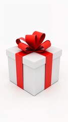 A white gift box with a red ribbon tied around it.
