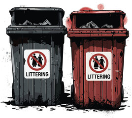 Street Art Style Trash Cans with No Littering Sign and Social Commentary VectorStreet Art Style Trash Cans with No Littering Sign and Social Commentary Vector