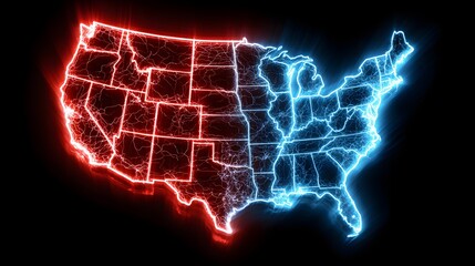 Divided nation map glows with opposing red and blue energy on black.