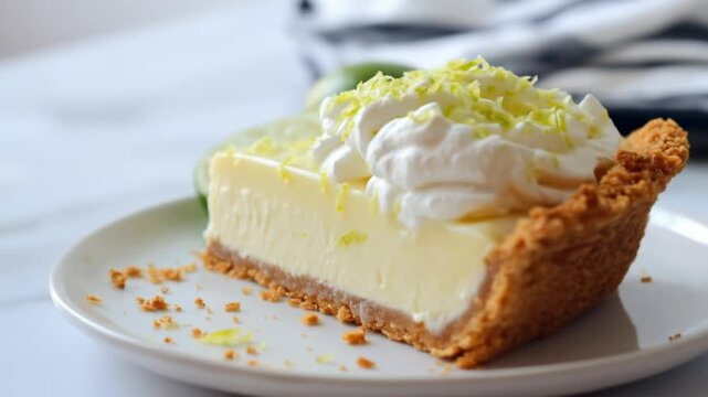 Delicious slice of key lime pie with whipped cream on a white plate