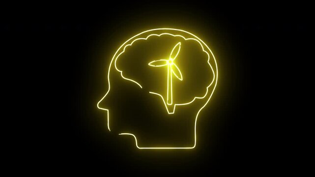 Illuminated yellow outline of a head with a wind turbine inside its brain on a black background