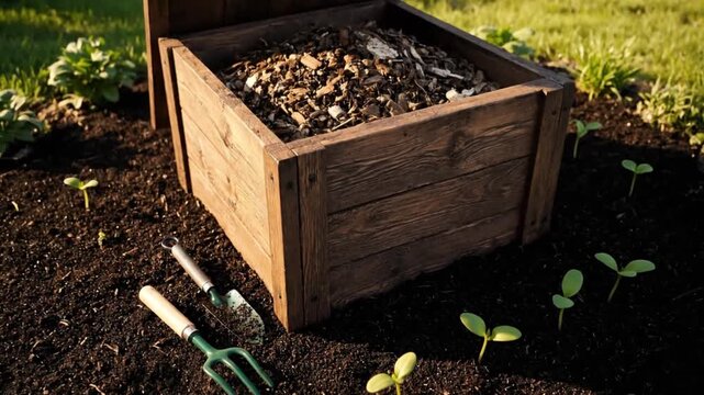 Gardening for a sustainable future with a homemade wooden composter, providing rich, organic fertilizer for new plant life and seedlings