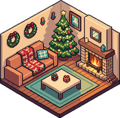 Detailed Isometric Christmas Living Room Interior with Tree, Fireplace, Wreaths, and SofaDetailed Isometric Christmas Living Room Interior with Tree, Fireplace, Wreaths, and Sofa