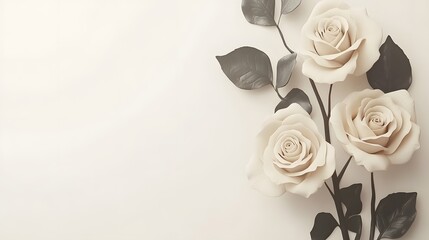Three delicate cream roses with dark leaves adorn a pale background.