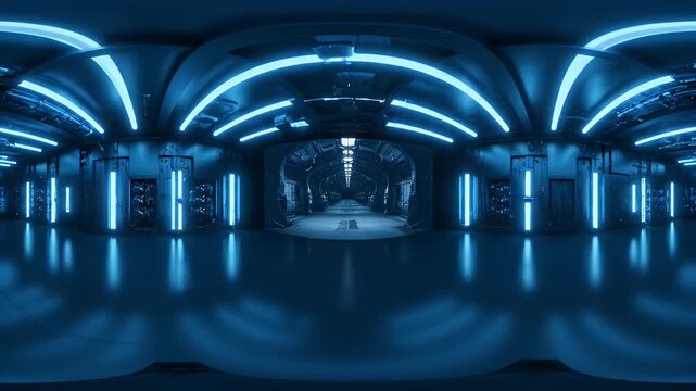 Panoramic View of a Neon Lit Corridor with Deep Blue Hues Futuristic Architectural Design and Tunnel Vision Effect with Repeating Geometric Shapes