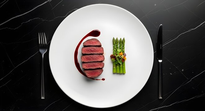 gourmet steak asparagus fine dining dinner plate - Powered by Adobe