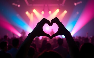 A silhouette of hands creating a heart shape stands out against a vibrant concert backdrop filled with colorful lights. This electrifying moment captures the essence of love and unity among the crowd