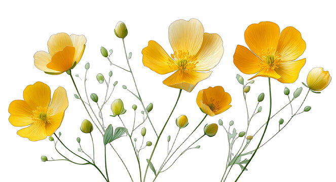 A close-up view of bright yellow buttercup flowers with green stems and small buds, showcasing their delicate petals.