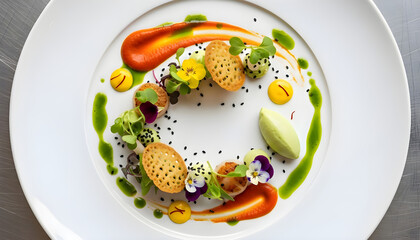 Gourmet fine dining cuisine plate beautifully arranged with colorful vegetables, sauce art, and elegant presentation on white plate, creative restaurant food concept, modern culinary styling