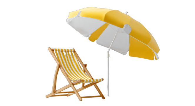 A yellow and white beach umbrella paired with a striped deck chair, ideal for outdoor beach leisure and sun protection.