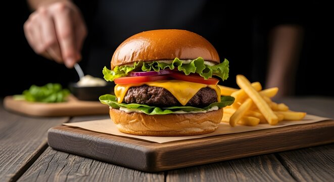 delicious cheeseburger with french fries on wooden table - Powered by Adobe
