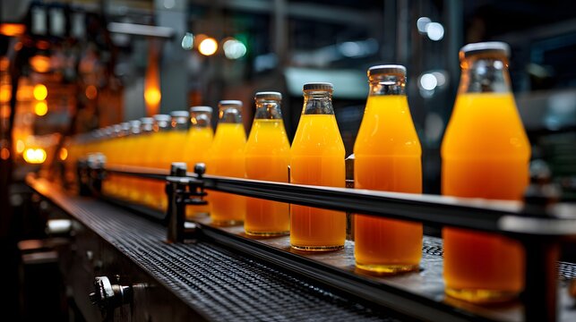Orange juice bottles move along a conveyor belt in a factory.