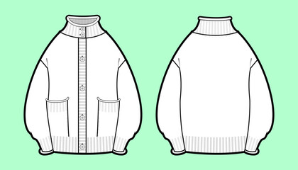 Oversized Knit Cardigan with Mock Neck and Patch Pockets Technical Flat Sketch