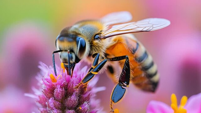 Honeybees Delicate Dance - Pollinating a Vibrant Flower in Spring.