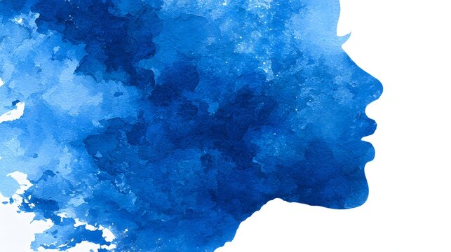 Blue watercolor splash forms a profile silhouette on white.