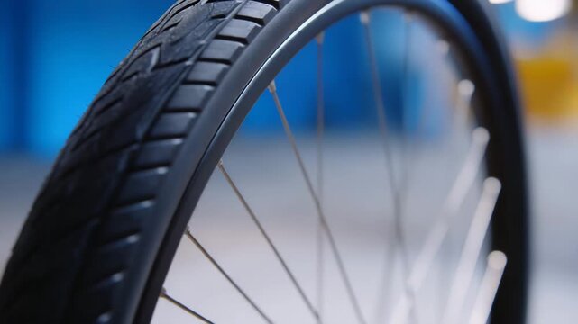 Bicycle wheel closeup with black rubber tire, metal spokes, and rim, showing detailed tread pattern, texture, and design modern urban setting, highlighting detail and texture dynamic, active style