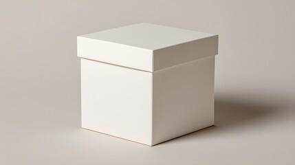 A closed white square box sits on a plain background.
