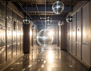 Industrial hallway with disco balls