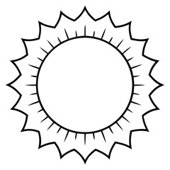 Black and white sun with spiky outer edge on transparent background silhouette