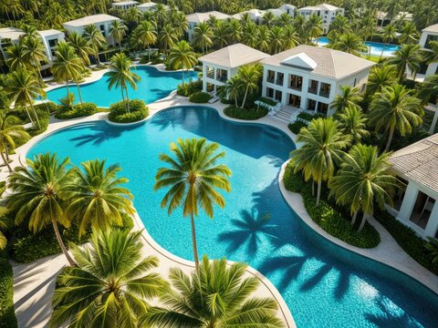 Aerial view of a luxurious resort with multiple pools, lush palms, and bright architecture