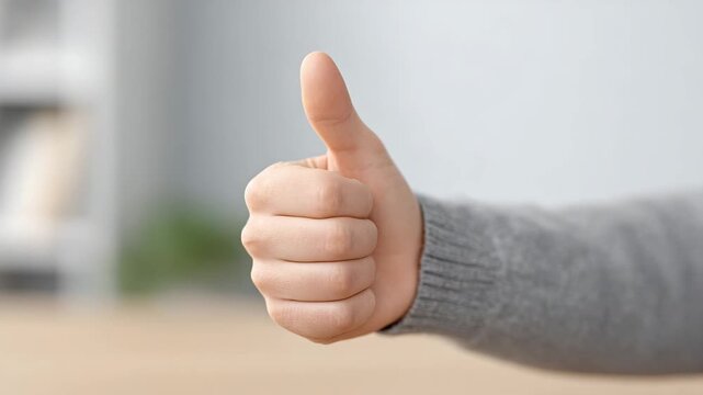 Thumb up hand gesture closeup human hand showing approval agreement positive emotion person wearing gray sweater neutral blurred background simple clear composition gray thumb hand gesture approval