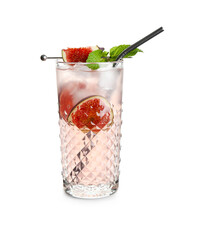 Glass of tasty fig lemonade with mint on white background