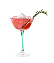 Glass of tasty fig lemonade with rosemary on white background