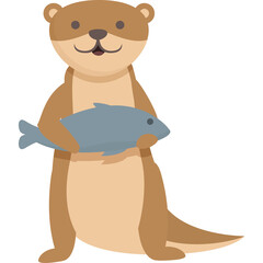Cartoon Otter Holding a Blue Fish with Transparent Background A Playful Aquatic Mammal in a Simple Illustration Style