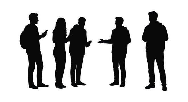 Diverse group of young adults standing together in conversation outdoors silhouette