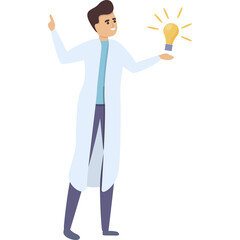 Cartoon Scientist Character Holding a Glowing Light Bulb with an Idea and Pointing Upwards in a Simple Flat Design Style with a Transparent Background