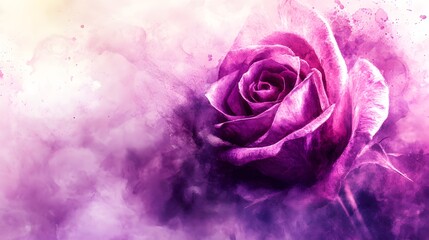 Blooming purple rose emerges from abstract watercolor background.