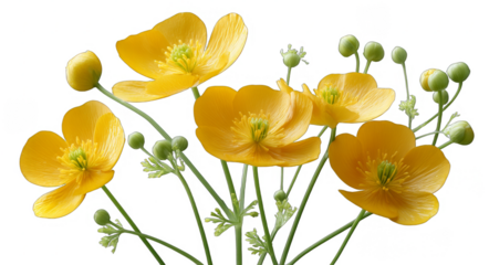 A close-up view of bright yellow buttercup flowers with green stems and unopened buds, showcasing their vibrant petals and delicate structure.