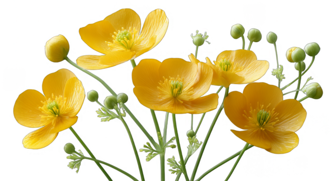 A close-up view of bright yellow buttercup flowers with green stems and unopened buds, showcasing their vibrant petals and delicate structure.