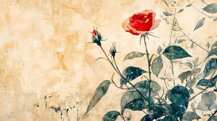 Red rose blooms on textured vintage background with artistic brush strokes.