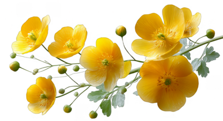 This image features bright yellow buttercup flowers with green leaves and small buds, showcasing natural floral beauty.