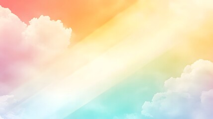 Pastel sky with fluffy clouds and soft light rays.