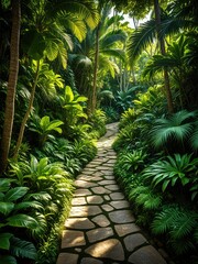 Fototapeta premium Stone path winds through lush, verdant tropical foliage, dappled sunlight