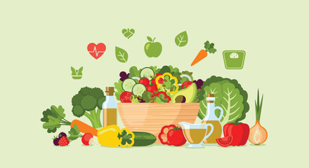 Vector illustration of healthy food and organic vegetables, salad bowl, and nutrition concept in flat style